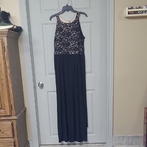 R&M Richards Formal Black Nude Lined Chest Wide Leg Jumpsuit Lace/Sequin 16